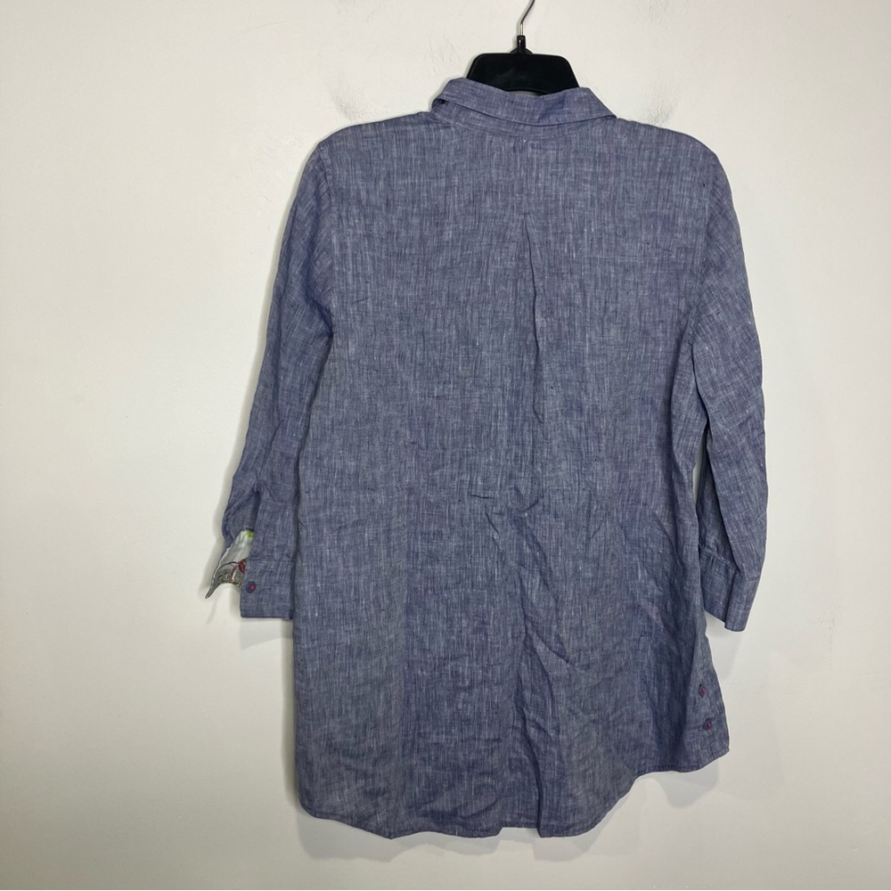 Chico’s 100% linen button down shirt tunic womens size 8-10 navy blue 3/4 sleeve - Picture 8 of 9